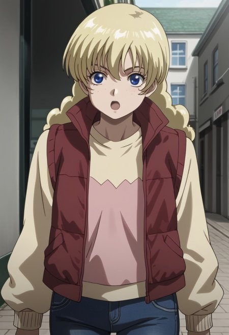 score_9, score_8_up, score_7_up, source_anime,masterpiece,best quality,highres,absurdres,official art,official style,source_anime,anime screencap,anime coloring,megami magazine,anime,animated,zPDXL2,skin highlights, (1girl,solo), Patty_Lowell, freckles, blonde hair, blue eyes, puffy hair, vest, jeans, :o, open mouth