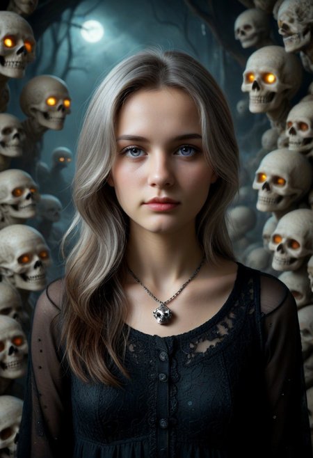 1girl, black dress, cowboy shot, dynamic view, no pattern dress, Hd, high quality, ultra realistic, detailed, slimes_skullwm, made of skulls, spooky skull background, light smile, PG, no teeth, portrait, looking afar, stoic, brunette, beautiful, necklace, faint glowing pupils, dim light, silver hair