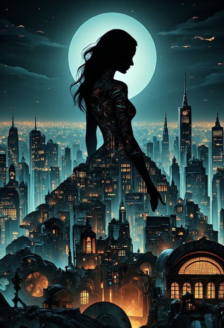 (steampunk woman:1.4), silhouette of a nude  beautiful woman, amazing depth, double exposure, belighted steampunk skyline, by night, surreal, pattern, geometric patterns, intricately detailed, perfectly balanced, deep fine edges, artistic photorealism, photorealism, vivid colors, 8K, UHD, many details, extreme detailed, full of details, <lora:SDXLFaeTastic2400:1>, <lora:210432_training_data:.5>