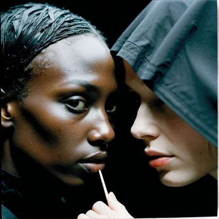 ether, professional photography, close-up, abstracted black couple, hiding, gothic art, In-depth, shot on film, Sony camera