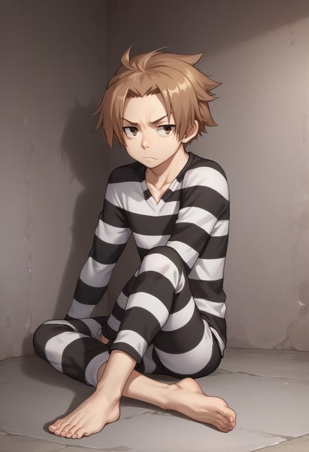 score_9, score_8_up, score_7_up, source_anime, highly detailed, 
albafru, 1boy, solo, brown hair, brown eyes, male focus, striped, prison clothes,
indoor, dungeon, bored, sit, crossed legs, barefoot,