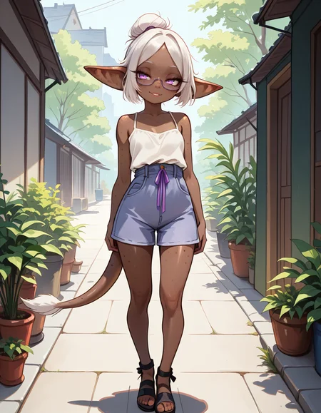masterpiece, best quality, very aesthetic, absurdres,
outdoors, casual, 
full body, standing, posing, 
seductive smile, parted lips, long eyelashes,
 <lora:Gobi_v01_NAIXL:1>
G0b1,1girl,solo,goblin girl,dark-skinned female,pointy ears,short hair,white hair,single hair bun,ponytail,purple eyes,semi-rimless eyewear,freckles,colored skin,tail,
