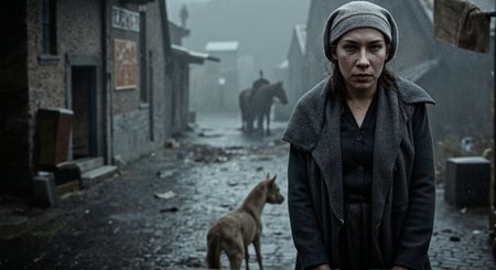 aidmarealisticskin. This is a high-resolution photograph of a 80 years old, weathered woman in a 16th-century town ravaged by the Black Death. The cobblestone streets, uneven and treacherous, are slick with rain and shrouded in a thick fog that obscures the dim light of the winter day.  A lone, skeletal dog scavenges amongst the refuse strewn across the street. In the distance, a lone horse stands dejectedly in front of a half-timbered inn, its sign creaking ominously in the wind.  The houses, their wattle and daub walls showing signs of decay and neglect, loom over the narrow street, their windows dark and lifeless. Washing hangs limply from a second-story window, a forlorn attempt at normalcy in the face of tragedy.  The woman's face is etched with wrinkles and sorrow, her eyes reflecting the grim reality of the plague-stricken town. She wears a dark, heavy woolen dress, the fabric coarse and worn, and a shawl pulled tightly around her shoulders against the biting cold.  Her grey hair is covered by a simple linen cap. The air is heavy with the smell of damp earth, decay, and woodsmoke. The overall mood is one of despair and desolation, capturing the bleak aftermath of the plague in a 16th-century European town. Something very cruel happened to this extremely old woman,the marks and injuries of that are visible on her face.