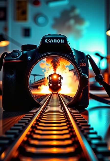 A beautifully melancholic, surreal and minimalist composition of a ridiculous image seen in profile: a sleek DSLR camera with a powerful 200mm lens, placed on a photographer’s work table in a high-contrast lit environment. From the lens glass emerges, as if breaking the barriers of reality, a spectacular train track stretching forward across the table, carrying a speeding locomotive that explodes in a cloud of steam and sparks. The scene seems almost surreal, capturing a fleeting moment where technology and nostalgia intertwine: a symbol of movement, memories and the unstoppable passage of time.
