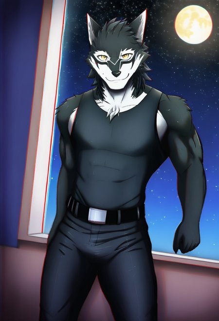 high quality, Masterpiece, best quality, amazing quality, chromatic aberration, detailed, intricate details, photorealism, photorealistic, dutch angle, depth of field, male, solo, furry male, looking at viewer, cowboy shot, draveyar_(fatal force), <lora:DraveyarFF_ILLXL-05:0.9>, wolf boy, black fur, short hair, two-tone fur, muscular, bara, athletic build, abs, yellow eyes, detailed background, indoors, inside, nighttime, starry sky, full moon, glowing, black tank top, black pants, belt, posing, pose, smile, upper body, close-up, feet out of frame, standing