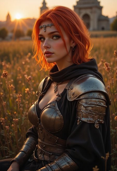 Midjourney_Whisper, A hyper-realistic portrait of a stunning supermodel, featuring a beautifully detailed face with captivating eyes and a serene expression.
Stunning illustration. masterpiece. bewitching color, depth of field, soft lighting, sharp focus, anime,  <lora:ILLUSTRATION_2_FLUX v2:0.4> <lora:midjourney_whisper_flux_lora_v01:0.4>
The passage describes a highly detailed and ethereal side-profile portrait of a . full body shot, masterpiece, best quality, 1girl, extremely beautiful, medium large breasts, slender body, curvy, wearing nordic clothes, mystic jewelry, model pose, perfect composition, seductive smirk, cute, very pretty, subtle, simple, close up, female, girl in armor, short red hair, tired, around a field of flowers, sunset, ruins, anime