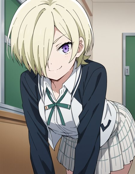 score_9, score_8_up, score_7_up, source_anime, <lora:mia-taylor-s2-ponyxl-lora-nochekaiser:1>, mia taylor, short hair, blonde hair, purple eyes, hair over one eye,, skirt, shirt, ribbon, school uniform, collared shirt, plaid, black shirt, neck ribbon, plaid skirt, white skirt, jacket, checkered skirt, nijigasaki academy school uniform,, indoors, bent over, smile, smug, looking at viewer, solo,, cowboy shot, dutch angle