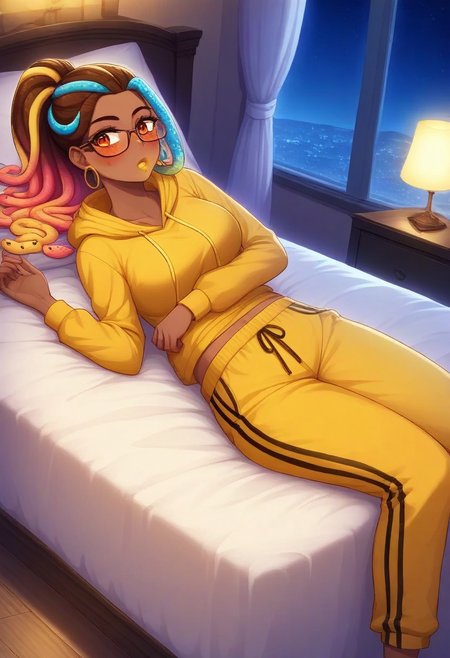 score_9, score_8_up, score_7_up, score_6_up, 1girl,  african american woman, amber eyes, dark brown skin, muscular woman, athletic woman, yellow lipstick Jiggawatt, Azarin, gold hoop earrings, gummy worm hair, gradient hair, sugar, multicolored hair, ponytail, 18yr old, blush, 
1girl, sweatpants, yellow hoodie, glasses on nightstand, sleeping, night time, indoors, bedroom, lying in bed, sleeping bag, sleeping, schlafsack, snake hair peeking out, lights out