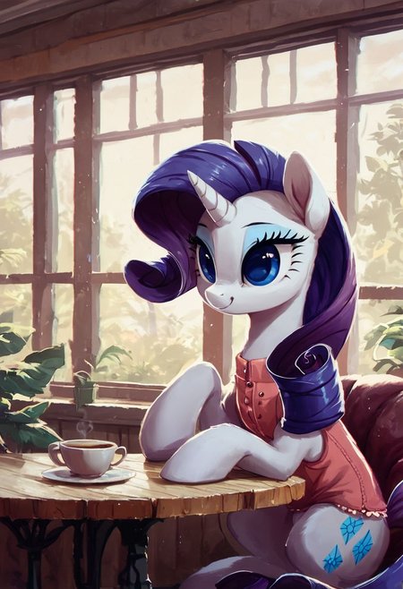 Rarity, solo, coffe on the table,  inside cafe, sitiing, flirts, flat colored, score_9, score_8_up, score_7_up, cute tone colored soft night light, soft colour