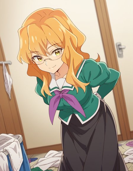 score_9, score_8_up, score_7_up, source_anime, <lora:sumika-chibana-s1-ponyxl-lora-nochekaiser:1>, sumika chibana, long hair, blonde hair, yellow eyes, glasses,, skirt, long sleeves, school uniform, puffy sleeves, serafuku, purple neckerchief, green shirt, black skirt, long skirt,, messy room, clutter, clothes on floor, disorganization, laundry, smile, hands behind back, bent over,, looking at viewer, solo,, dutch angle, cowboy shot