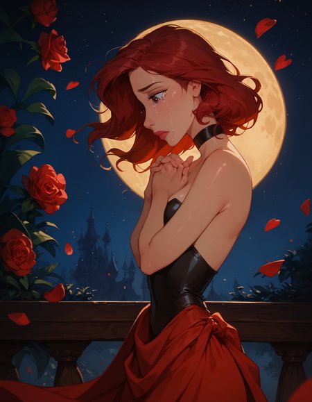 <lora:Disney_Style:.9> <lora:princess_xl_v2:.75> <lora:add-detail-xl:.9> <lora:g0th1cPXL:.3> <lora:Cherry-Gig:.45> <lora:Expressive_H:1> <lora:PLASTT_PonyV6:1>  score_9, score_8_up, score_7_up, zPDXL, DisneyRenstyle, score_9,score_8_up,score_7_up,score_6_up, scenic balcony, night, moon, moon light, (red flower petals floating behind girl, floating rose petals behind girl, romantic), (((standing, 3/4 view, side view, side profile))), 
1girl, attractive 18 year old, red hair, short hair, messy hair, brown eyes, (((sad expression, tears, heartbroken))),  (((hands together, looking down))), (solo), (black leotard:1.2, high neck), (red sarong, black choker), shiny skin, perfect reflection, small hips, slender, hourglass figure, attractive, shiny skin, perfect reflection, small hips, slender, perfect face, perfect hands, g0thicPXL, Expressiveh, 
score_9, score_8_up, score_7_up, depth of field, realistic shadow, motion lines, Expressiveh, realistic, dramatic lighting, beautiful, animation, sharp focus, award winning, masterpiece,  dynamic, cinematic lighting, great attention to skin and eyes, breathtaking, exquisite, exceptional,