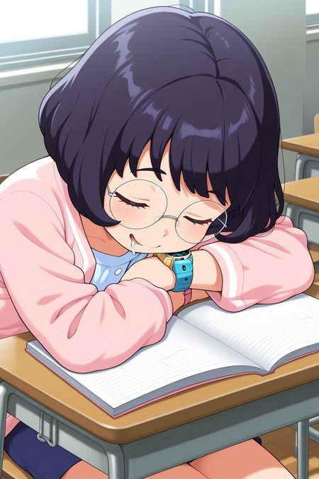 masterpiece, best quality, amazing quality, absurdres, misorainaho, short hair, glasses, round eyewear, solo, smile, upper body, sleeping, head down, head rest,  drooling, sitting, light blue shirt, pink cardigan, wristwatch, indoors, classroom, school, desk, open notebook