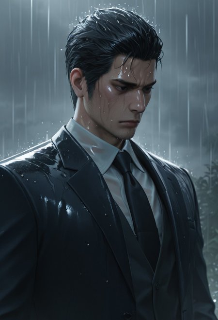 masterpiece, best quality, amazing quality, absurdres, newest, detailed background, definition so sharp, Ultra-HD, 8K cinematic, very awa, impressionate, amazing quality, highres, realistic, 
solo, male focus, manly, gloomy, rain, wet, cloudy,
kiryuchan, kiryuchan_black hair, kiryuchan_black eyes, 1boy, solo, male focus, short hair, facial hair, sideburns, formal, white collared shirt, black blazer, black tie, serious face, sad face