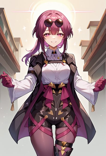 score_9, score_7_up, source_anime, solo, come hither, smile, cowboy shot,  BREAK  <lora:NSKafkaHSR:1> NSKafkaHSR, long hair, bangs, sidelocks, ponytail, high-waist shorts, purple pantyhose, purple gloves, white collared shirt, eyewear on head, sunglasses, jacket on shoulders, asymmetrical legwear, black footwear, asymmetrical footwear, single thigh strap, single thigh boot, criss-cross straps