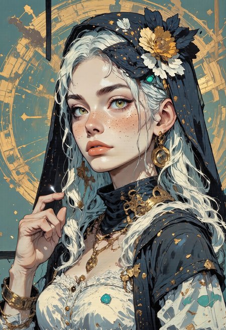 a young woman with long, silver hair featuring a bold green streak, her pale skin contrasting against her dark attire. She wears a black jacket over a black top, exuding a cool, detached vibe. Her expression is neutral, with a cigarette casually hanging from her lips. The background is a gradient of teal and green, featuring a circular pattern that subtly enhances the image's edgy atmosphere