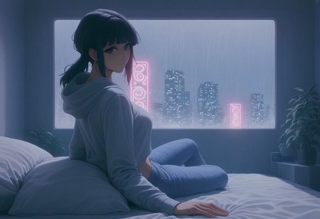 score_9,score_8_up,score_7_up,score_6_up, 1girl, 
 sitting in bed next to a large window, steaming coffee cup on windowsill, long hair, black hair, low ponytail hairstyle, pov from outside, view from putside the window looking into the room, looking out window, head resting on pillow laying on the bed, hoodie, plants on the windowsill, looking out the window, looking at viewer, background is the bedroom, tidy bedrrom, small room, cramped bedroom, teddies on the bed, wearing booty jeans, wearing thigh high socks, wearing crop top hoodie, snuggled up in bed, cyberpunk city view out of the window, neon light, purple neon lights, raining outside, pouring rain outside