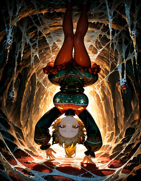 Christmas, dress, red pantyhose ,Christmas sweater,
1girl, solo,  kurodani_yamame, soft lighting,looking at viewer,upside-down , cave, silk ,spider_girl ,spider_web,big breast,
masterpiece, best quality, amazing quality, very aesthetic, absurdres,  newest, (volumetric lighting),
<lora:world_christmassweater:0.5>,<lora:cfg_scale_boost:0.5>, <lora:ponyv5_noobE11_1_adamW:0.5>, <lora:illustrious_noobai_epsilon_pred_1_best_quality_v1:0.5> ,<lora:illustrious_noobai_epsilon_pred_1_masterpieces_v1:0.5> ,<lora:illustrious_noobai_epsilon_pred_11_very_aesthetic_v1:0.5>