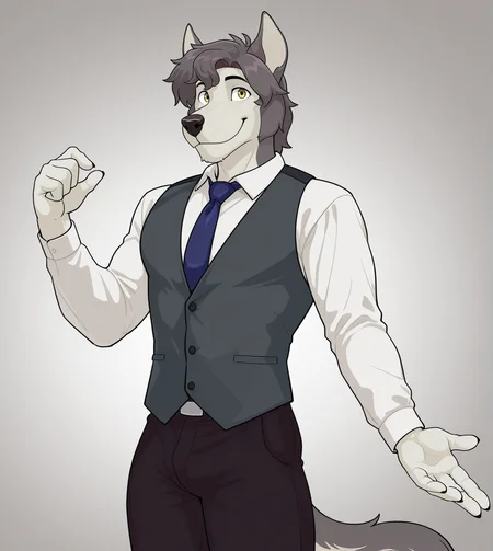 (solo), anthro, male, shirt, dark pants, vest, looking at viewer, yellow eyes, smile, extended arm, 
BREAK masterpiece, best quality, amazing quality, very aesthetic, high resolution, ultra-detailed, absurd res, newest,  <lora:Rask:1> rask