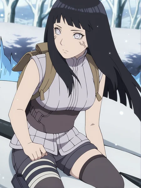<lora:Hinata_Hyuga:0.8>,hinata, 1girl, solo, long black hair, bangs, white eyes, sleeveless gray shirt, high collar, dark gray shorts, thigh highs, bandage on left thigh, brown belt, black kunai pouch, byakugan, backpack, neutral, focused, outdoors, closed mouth, sitting on animal, leaning forward, looking ahead, full body, cropped legs, outdoors, animal, white trees, particles