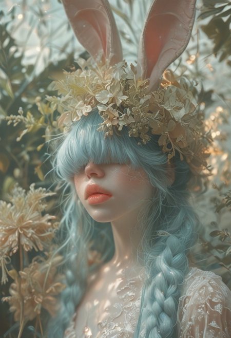 (Score_9:1.1), score_8_up, score_7_up,
(limited lighting, high contrast, laser beams, highres, closed_mouth:1.4, absurdres) 
Fl0ralD0lls 
solo, bunny ears, human woman, curious, (ferns:1.3), realistic, focus on face, hime cut, pacific blue hair, ((hair over eyes)),((hair in very long braid)), big lips, full lips, glossy lips, matte skin, matte colours