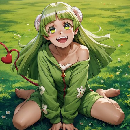 score_9, score_8_up, score_7_up, score_6_up, score_5_up, score_4_up, Cl_araV, unzipped green onesie, Sharp teeth, Horns, heart tail, happy, green hair, sitting on the ground, barefoot, looking up at viewer, exposed shoulder, long hair