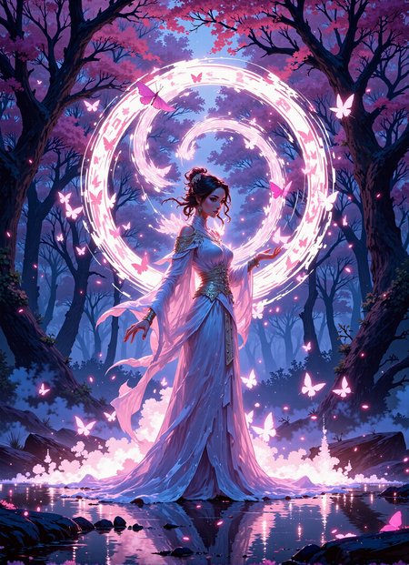 VibrantlySharp style,
animeniji,
3pic_vist4, Art style: elegant wuxia fantasy with digital ink and glowing soft brush textures
Composition: medium full-body, side view, surrounded by a cyclone of butterflies spiraling into a runic circle
Subject/Pose: pale robed sorceress casting one-handed, butterflies trailing glowing threads to her fingertips
Background/Lighting: misty garden at dusk with weeping cherry trees, purple-blue color palette, ambient glow reflecting off floating petals
Mood: mystical, graceful, ethereal precision