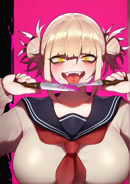 <lora:summer1:1.2>,1girl, toga himiko, huge breasts, :d, black sailor collar, blonde hair, blood, double bun, fang, hair between eyes, hair bun, hands up, holding, holding knife, knife, long sleeves, looking at viewer, neckerchief, pink blood, portrait, red neckerchief, sailor collar, school uniform, short hair, smile, solo, teeth, tongue, tongue out, upper teeth only, yellow eyes, 
very awa, masterpiece, best quality, highres, absurdes,amazing quality