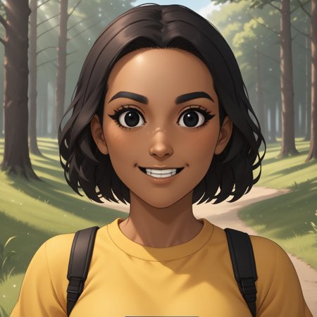 score_9, score_8, BREAK, solo, wii, mii, wii sports, 1girl, female mii, black hair, dark skin, black eyes, dot eyes, black eyebrows, small nose, blush, buck tooth, yellow clothing, white pants, shoes, cute, nintendo mii, modern_mii, classic_mii, breasts, faustine_(\wii_sports_club\), sexy pose, smile, outdoors, sunlight, shadows, evening lighting, natural lighting, forest, trees, grass, orange sky, sunset