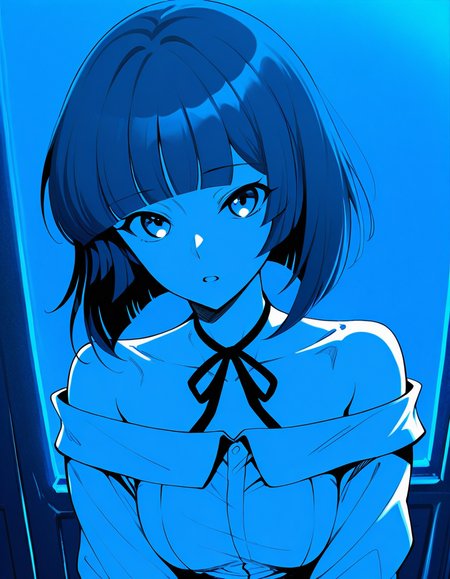 score_9, score_8_up, score_7_up, Expressiveh, source_anime,Kivye, 1girl, solo, looking at viewer, open mouth, bangs, monochrome, bob cut, short hair, off shoulder, upper body, blue theme, ribbon, breasts, neck ribbon, shirt, blunt bangs, bare shoulders
