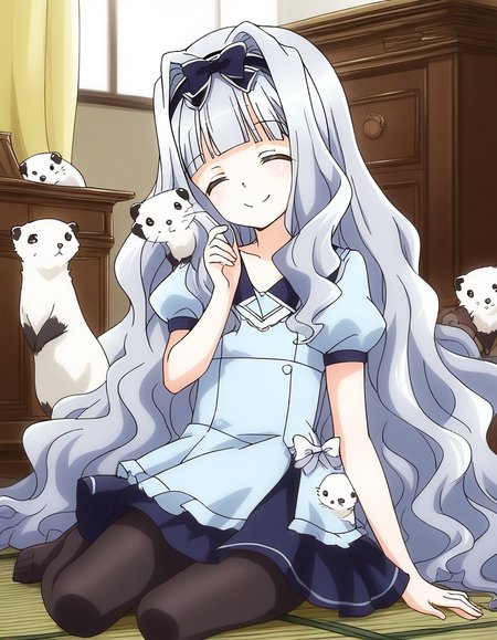 score_9, score_8_up, score_7_up, source_anime, rating_explicit, BREAK  <lora:Watayuki_Ver2.0_XL:1> Watayuki, hairband, very long hair, blue hair, grey hair, hair bow, closed eyes, wavy hair, flat chest, blunt bangs,
Watayuki, shijou takane, 1girl, sitting, bow, smile, pantyhose, skirt, seiza, solo, animal, hair intakes,ã
ferret, white_ferret,
room, flooring, curtain,