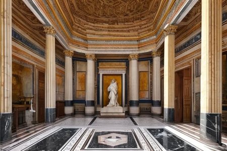 (masterpiece:1.2), (best quality,:1.2), 8k, HDR, ultra detailed, ((photorealistic)), professional light, cinematic lighting, fashion photography, ambient lighting, face lighting, <lora:detail_slider_v4:1>, Fantasy picture, OverallDetail, large ancient room with a marble table, and with a statue on the floor in the middle, RomInt, <lora:RomanInterior-10:1>, epiCPhoto