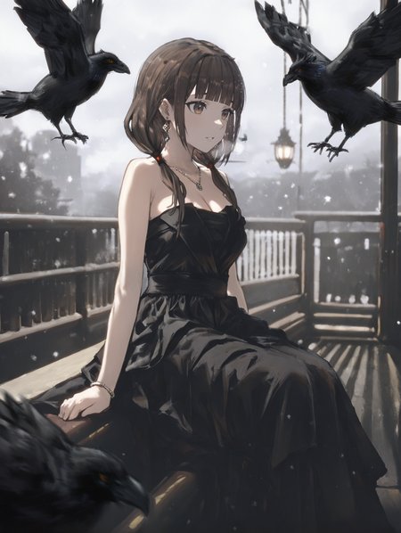 perfect quality,high quality,masterpiece,best quality,amazing quality,very aesthetic,absurdres,Cinematic Lighting,newest,Tactical use of shadow,
1girl,solo,brown hair,long hair,bangs,blunt bangs,twintails,low twintails,brown eyes,IinoMikoCYQL,,
bird,dress,jewelry,necklace,bareshoulders,blackdress,crow,sitting,strapless,railing,straplessdress,breasts,mole,cleavage,earrings,snowing,scenery,,
<lora:spo_sdxl_10ep_4k-data_lora_webui>,<lora:NOOB_EPSv1_1_detailer_by_vlnvk_v1_0>,<lora:shiej007>,,<lora:lora.by_tusi:1>,