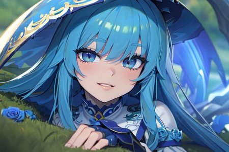 (masterpiece:1.4), 4K8K, (anime style), (high shutterspeed:1.4), (sharp edges), 
SyFyEye1, FanFo, 
1woman  hands togather,  leaning foward, face focus, smile, closed mouth, 
wearing Celtic style dress, (Detailed face, Detailed eyes, Detailed lips), (solo), 
blue hair, any colored roses, Fantastic, grass firld,