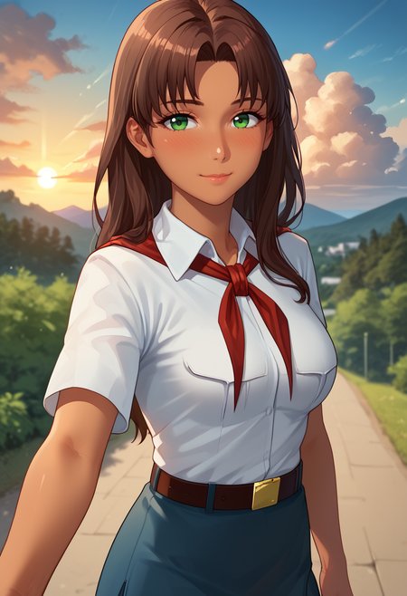 score_9, score_8_up, score_7_up,
best quality, masterpiece, ultra detailed,
<lora:Expressive_H:1>, (light smile:1.3), (blush:1.5), closed mouth,
bokeh, blur, blurry background,
looking at viewer, 
portrait, dynamic pose, pov, make selfie,
mature girl,
<lora:Everlasting_Summer_Olga_by_GraffMetal_V2.4:0.7>, olga, long hair, brown hair, green eyes, bangs, parted bangs, straight hair, tan skin, dark skin, solo, medium breasts,
white collared shirt, short sleeves, red neckerchief, neckerchief, belt, blue skirt, school outfit, high white socks, short skirt,
amazing background, outdoors, nature, sunset, cozy, cloud, clouds, sky,
<lora:Everlasting_Summer_Vanilla_Art_Style_by_GraffMetal:1>,