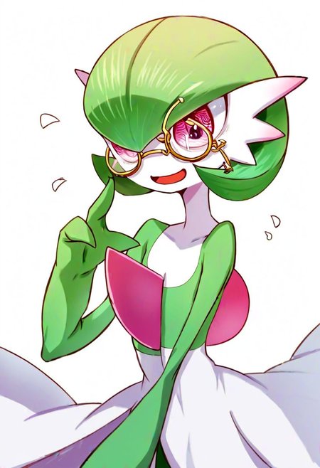 score_9_up, score_8_up, score_7_up, Score_6_up, Score_5_up, Score_4_up, source_anime, (masterpiece, perfectly detailed, detailed face, detailed eyes, beautiful eyes),  8K, extremely detailed, perfect face, PokeMaster_PS, gardevoir_pokemon, monocle, round eyewear, bob cut, colored skin, flat chest, forced smile, green hair, multicolored skin, open mouth, pink eyes, pokemon (creature), simple background, squeezing, sweatdrop, two-tone skin, white background, white skin