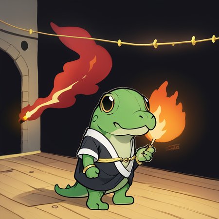 score_9, score_8_up, score_7_up, score_6_up, rating_safe,  <lora:prikkiki-ti:0.8> prikkikiti, green skin, nostrils, lizard tail, black kimono, loose clothes, reptile, bracelet,  <lora:paper_mario_style:1> paper_mario_style, holding bomb, black bomb, burning wick