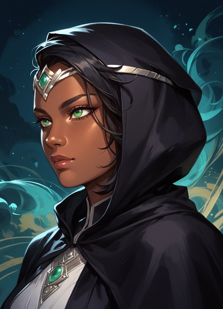 score_9, score_8_up, score_7_up, score_6_up, score_5_up,
1girl, solo, green eyes, dark-skinned female, dark skin, black hair, sidecut, circlet,
dark cloak, night, dark, wearing hood, face covered,
abstract background, dynamic, masterpiece, best quality, sharp_details, game_cg
 <lora:Vivien_Reid_-_Magic_the_Gathering:0.8>