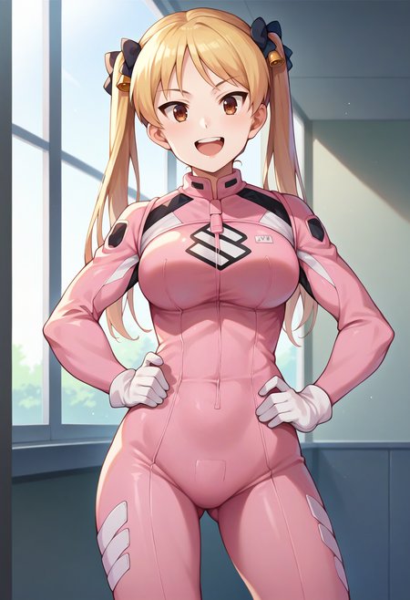 score_9, score_7_up, hd, (ultra hd quality details), indoors, source_anime,
solo, 1girl, suzunokirinb, twintails, hair bell, large breasts,
bikersuit, pink bodysuit, white gloves,
looking at viewer, smile, open mouth,
standing, 
<lora:_suzunoki_rin-elesico-pony-v1-08:0.9>
