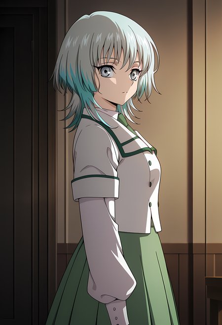 masterpiece,best quality,amazing quality,

1girl, solo,

Yuna Saionji (Cardfight Vanguard), blue hair, short hair, grey eyes,
Suzune Rokuoin (Cardfight Vanguard), green hair, grey hair, multicolored hair, medium hair, grey eyes,

white jacket, white shirt, collared shirt, buttons, green necktie, green skirt, short over long sleeves, layered sleeves, pleated skirt, long skirt, white socks, green footwear, shoes, mary janes,

looking at viewer, from side, 

cinematic,

Indoors, upper body,

bloom,

Official style, anime screencap, anime coloring,
















