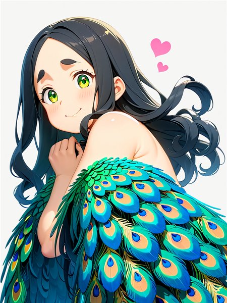 anime, best quality, (masterpiece:1.4), (high quality:1.4), sharp focus, 4k, absurd resolution, detailed hands, curly hair, long hair, (black hair:1.6), 1girl, mature female, (parted hair:1.7), (round face), <lora:ETO_OC_XL:0.7>, (thick eyebrows:0.9), (plump:0.8), round-chin, (greenish brown eyes), (brownish green eyes), caucasian, down-turned eyes, blush, 1girl, (forehead:0.75), shy, timid, smile, hearts, <lora:hinaMaybeBetterPoseXL_v2:0.8> <lora:peacock_feather_dress-XL-1.0:0.8> peacock feather dress