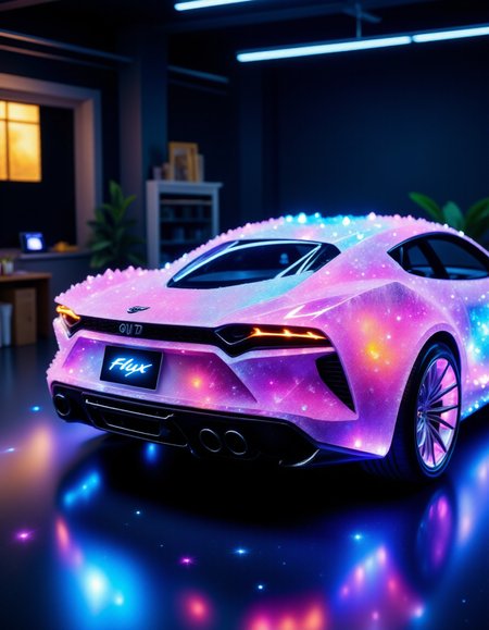 a bioluminescent sportscar made out of colourful auraquartz crystals, parked in a garage , on the license plate there is a sign with the word "Flux ",    ,  <lora:Flux_Auraquartz:1>,<lora:BioIceCrystalsFlux:0.7>