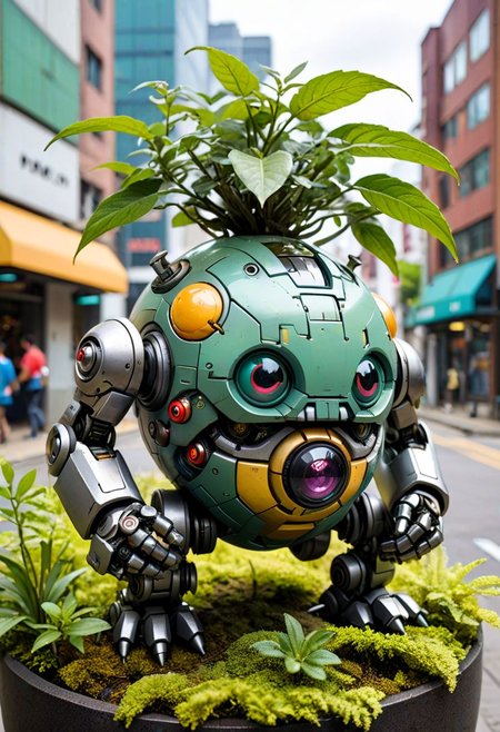 photo of tiny little (((fat monster))) in a ball shape, as mecha, cute, pokemon,  vintage city, cyberpunk style, vintage, green plants, photorealistic, photography, depth of filed