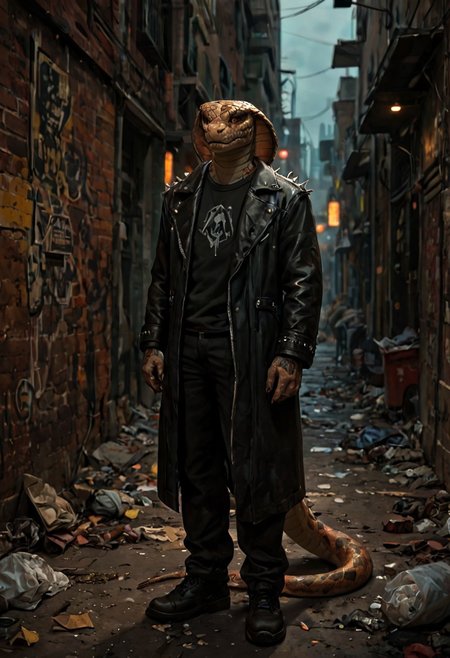 score_9, score_8_up, score_7_up, best quality, fine detail, anthropomorphic snake wearing a black leather jacket with studs and spikes, in a cyberpunk alleyway, trash on the ground, vivid colors, dark shadows, highest quality, goonguy