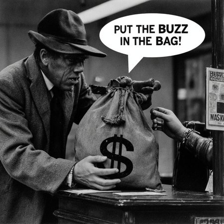 A bank robber holds up a bank, pointing a gun at the bank teller. He holds a bag with a large dollar sign on it, demanding with a tense voice, 'Put the BUZZ in the bag!' The scene is filled with tension as the robber waits for the teller’s response in the high-stakes moment