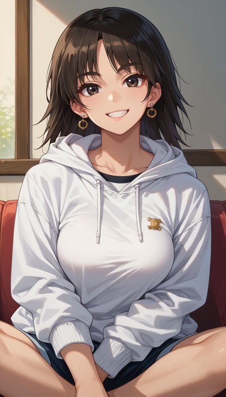 score_9, score_8_up, score_7_up, source_anime,  (((solo))), focus
 <lora:Gup Murakami:1> 1girl, long hair, black hair, black eyes, large breasts, ear piercing, earrings, eyebrows visible through hair, jacket, jewelry, looking at viewer, piercing, short hair, sitting, solo, stud earrings, white hoodie, smile,