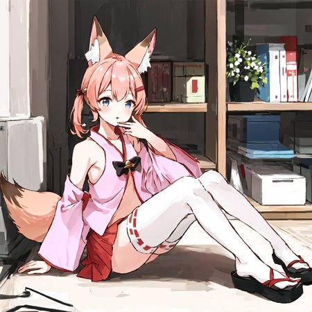 nojaoji,solo,1girl,<lora:nojaoji:1.0>,pink clothes,brond hair,twin tail,fox ears,fox tail,red,mini skirt,white,knee high socks