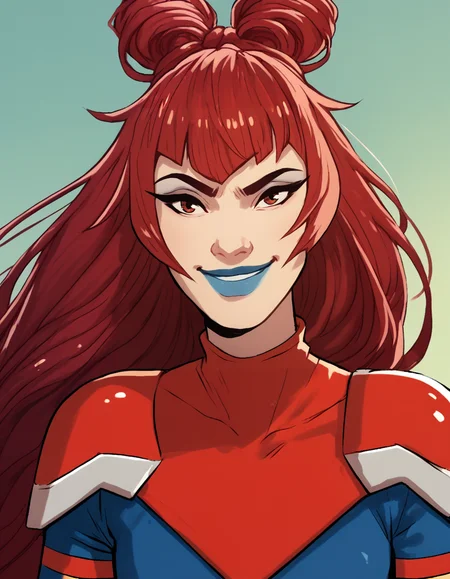 mollygau, 1girl, long hair, bangs, solo, red hair, double bun, makeup, blue lips, bodysuit,shoulder pads ,upper body,smile,looking at viewer, <lora:MollyGauPony1.0JLFO:1>, score_9, score_8_up, score_7_up, score_6_up, score_5_up, score_4_up
