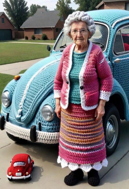 Crocheted Grandma standing beside a Volkswagen Beetle