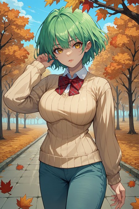 score_9, score_8_up, score_7_up, score_6_up, source_anime, 1girl, solo  <lora:hikage-pdxl-nvwls-v1-000005:1> skhik, green hair, short hair, yellow eyes, beige sweater, red bowtie, collared shirt, autumn, pants, blue sky, large breasts, looking at you