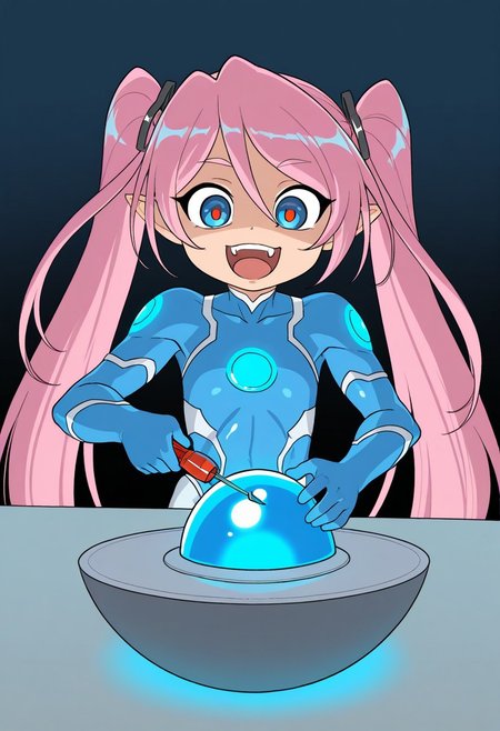 (taimanin felicia, pink hair, very long hair, twintails, pointy ears, big eyes, big red pupils, athletic body, flat chest, chibi, chibi body, young body)):1.3),
(1girl, solo, happy, mouth, open teeth, dumb face),
((demon_core, meme_demon_core, meme, single screwdriver, holding screwdriver, screwdriver inside demon_core, blue light, blue radiation, ):1.3),
(score_9, score_8_up, score_7_up, score_6_up, masterpiece, best quality, newest, amazing quality, highres, enhanced colors, colored shadows, smooth edges, dynamic angle, wide shot, blending)
